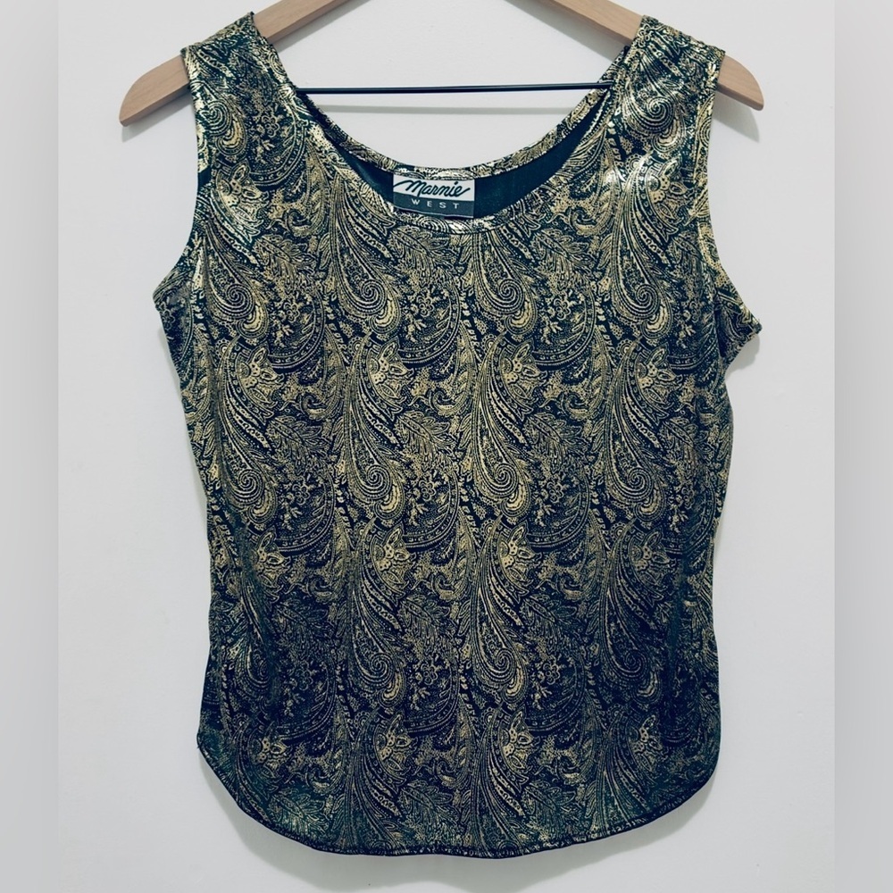 Marnie West Vintage 90’s Lamé Gold & Black Paisley Print Women’s Medium Top